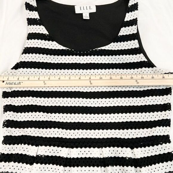 ELLE Eyelet Fit & Flare Mini Dress Striped Sleeveless Stretchy Black White 10 - Picture 9 of 14